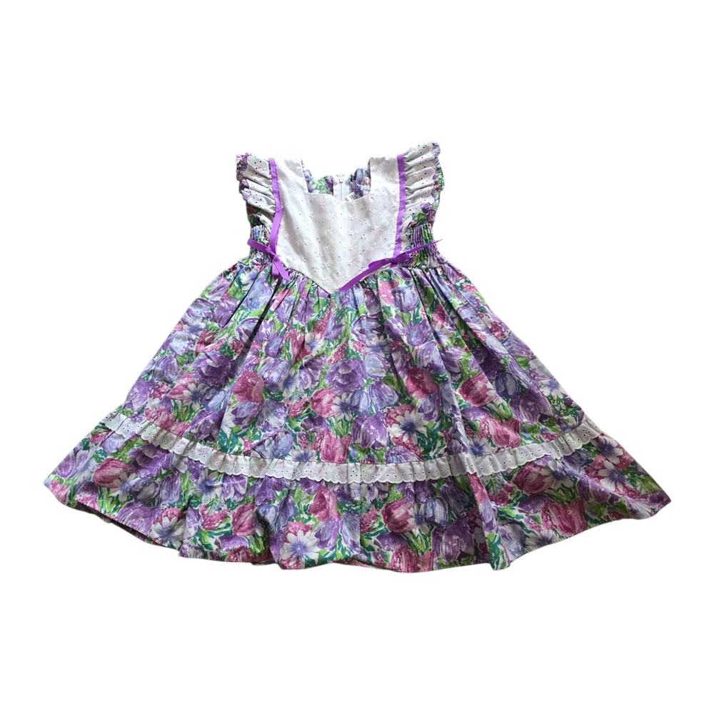 Vintage Kole Kole Hawaii Floral Dress Girl SZ 4 Ruffles Bows Flowers Eyelet Bib